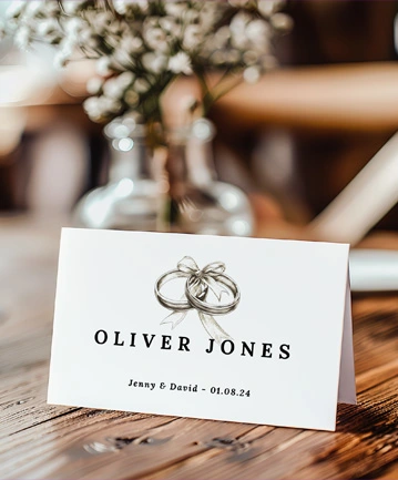 Elegant place card featuring intertwined rings and personalised guest details