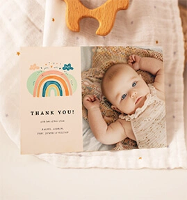 Baby thank you card with a rainbow illustration and a photo insert