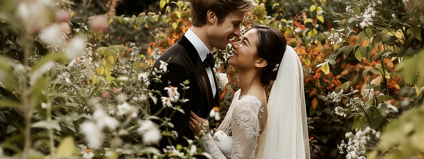 Bride and groom embracing in a vibrant garden setting with colourful blooms.