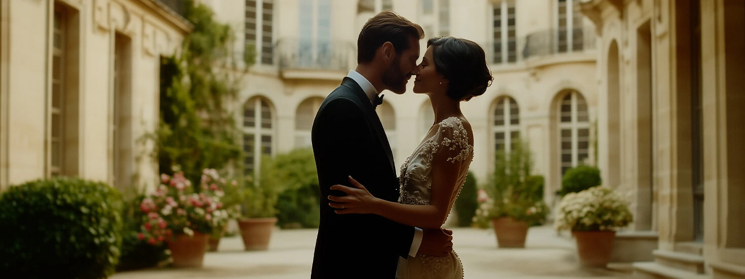 Romantic wedding couple embracing in a sunlit courtyard, perfect for elegant celebrations