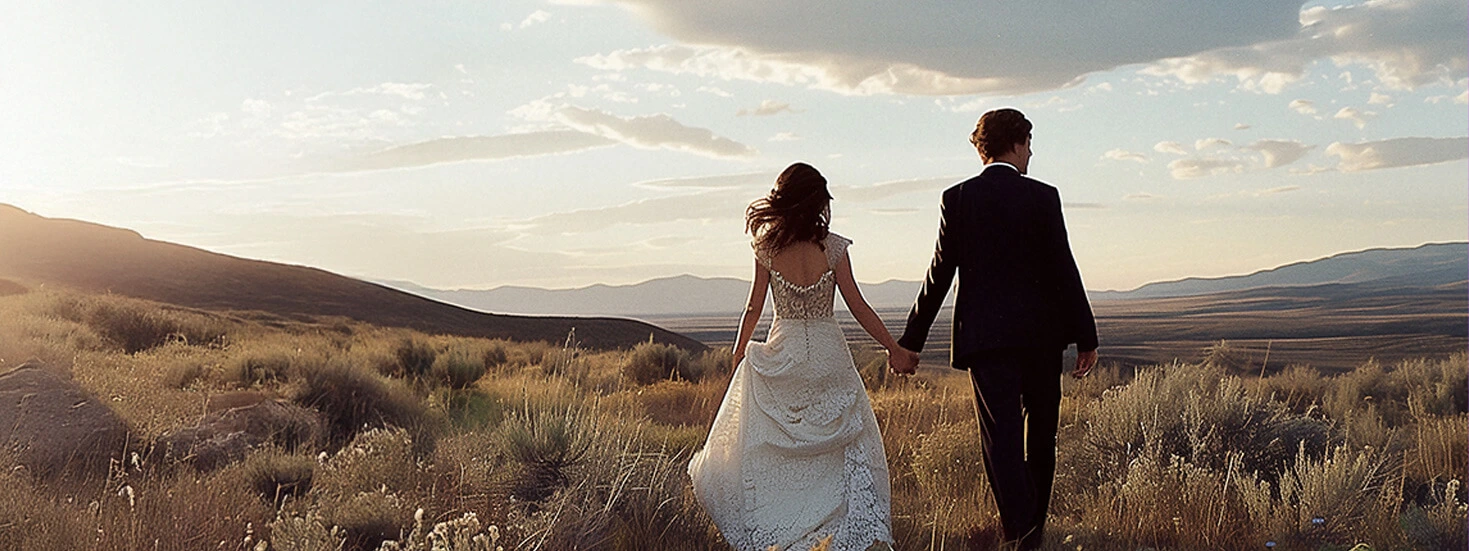 Bride and groom walking hand-in-hand into a sunset over a scenic countryside