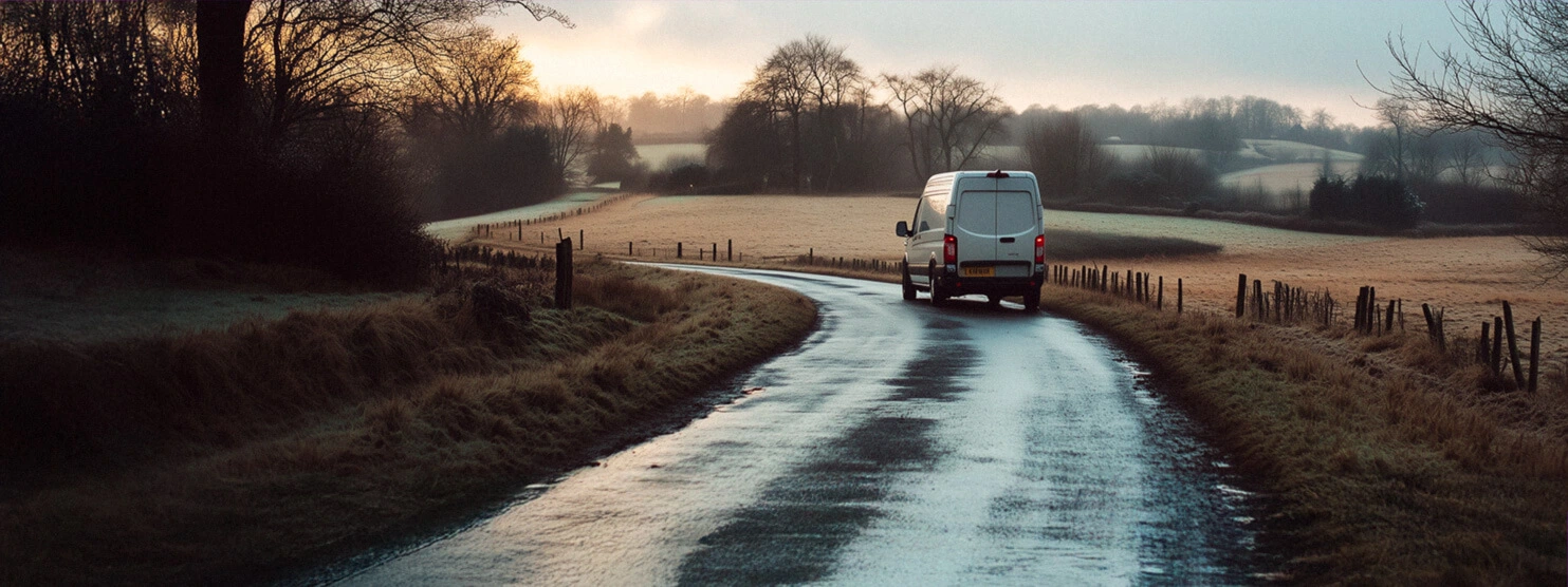 Delivery van driving through a rural countryside road at sunrise