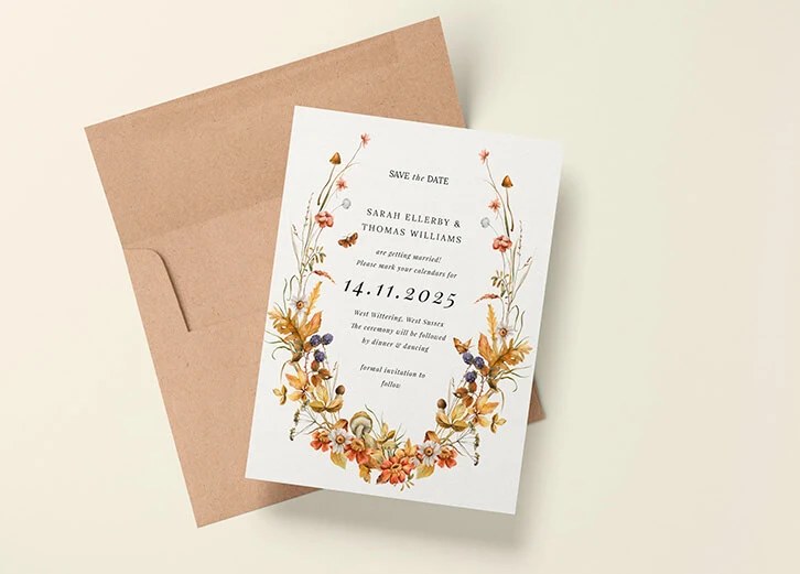 Save the date card with an autumn-inspired floral design