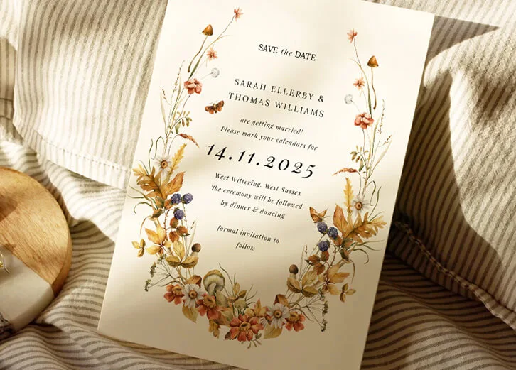 Save-the-date card with a rustic floral wreath design and elegant natural theme