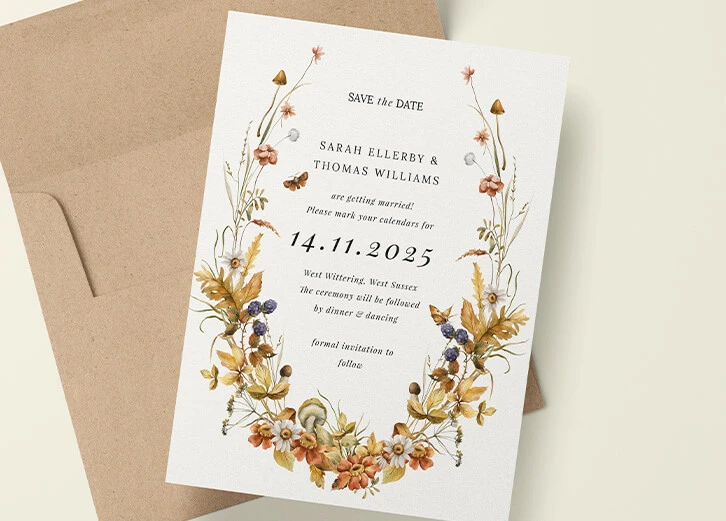 Rustic save-the-date card with a charming floral wreath and natural details