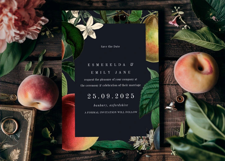 Save-the-date card with a dark rustic design, fruit motifs, and elegant typography