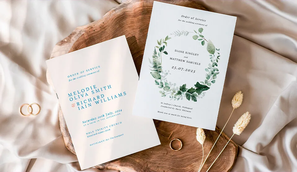 Elegant wedding order of service booklets featuring minimalist and floral designs