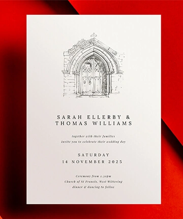 Wedding invitation featuring a sketched church design with classic typography