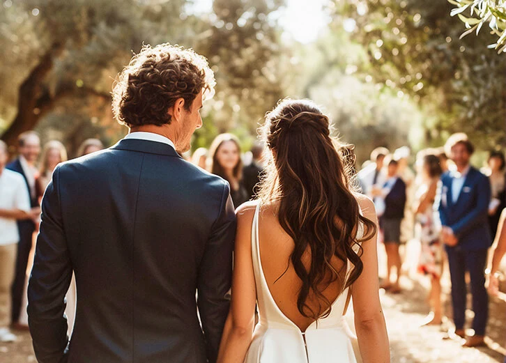 Bride and groom walking down the aisle during a summer outdoor wedding