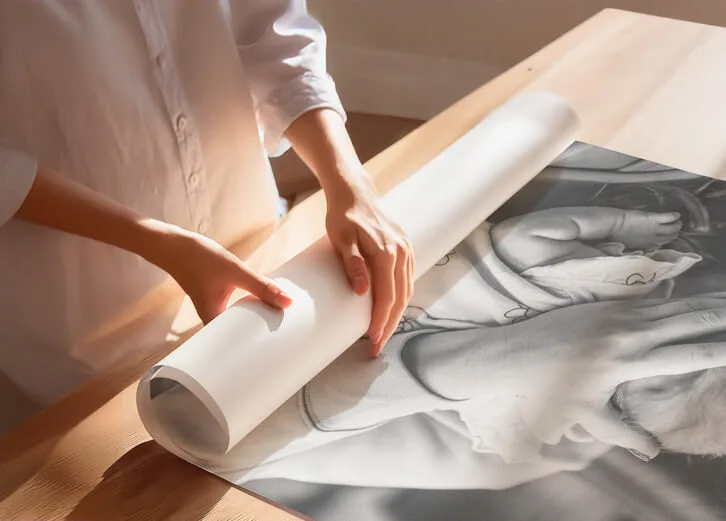 Eco-friendly paper poster being prepared on a light wooden table under natural sunlight for sustainable use