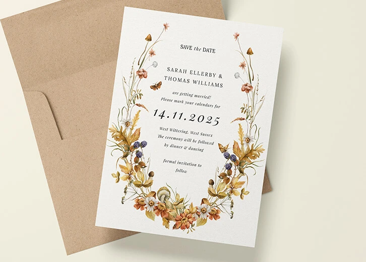 Eco-friendly save the date card sustainably printed on premium recycled paper