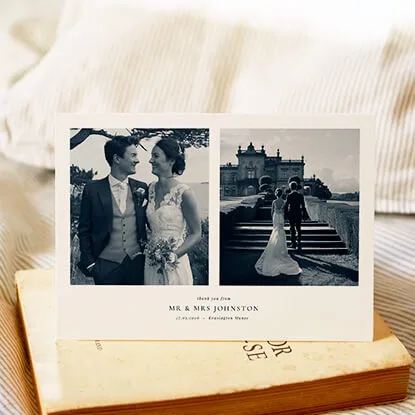 Wedding thank you card with couple photos and elegant monochrome design