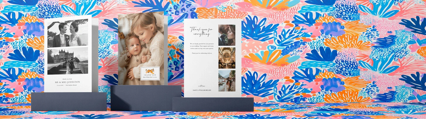 Beautiful thank-you cards featuring personalised photo collages and vibrant designs