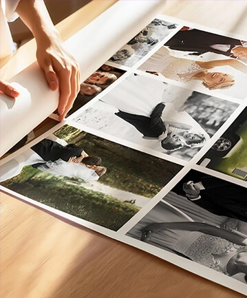 Wedding photo poster being unrolled, featuring black and white and colour prints