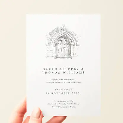 Wedding invitation featuring a traditional sketch of a church entrance