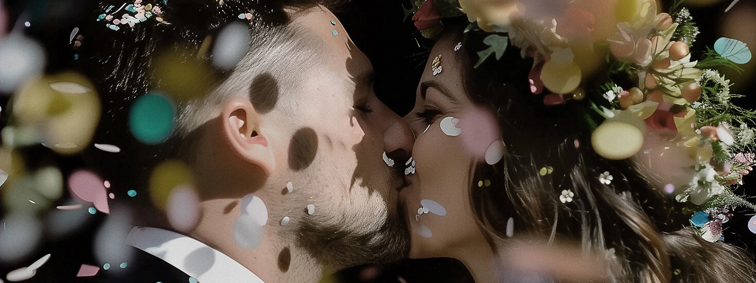 Wedding couple kissing under a shower of colourful confetti, celebrating their union