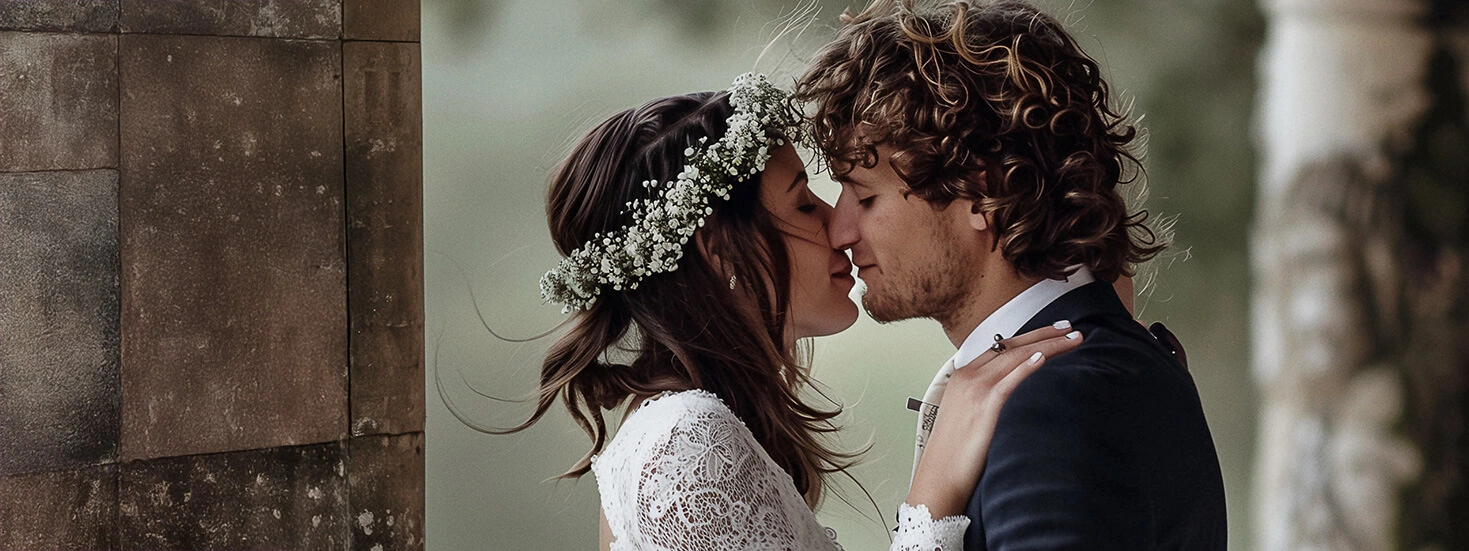 Wedding couple sharing a romantic kiss next to a stone wall adorned with natural beauty