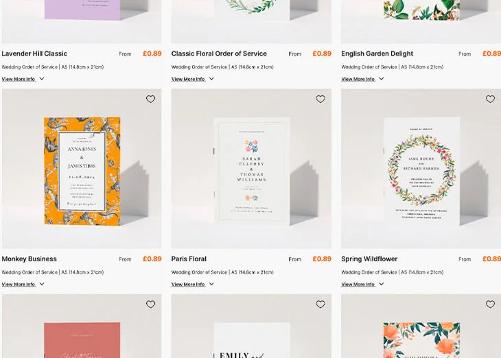 Gallery of various wedding invitation designs featuring floral and modern patterns in vibrant colours