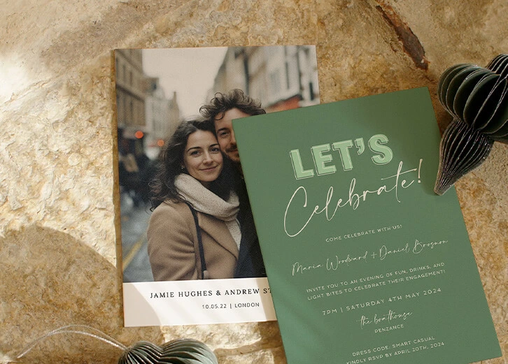 Elegant wedding invitation featuring a couple's photo and green celebratory theme with modern typography