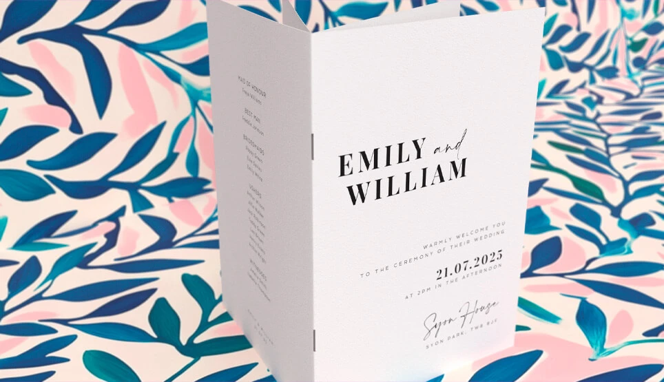 Classic wedding order of service booklet with minimalist typography and modern styling