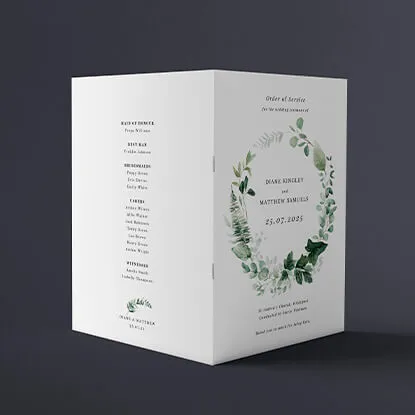 Wedding order of service booklet with elegant botanical wreath design