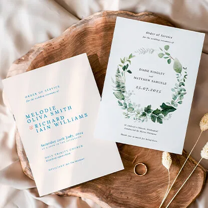 Wedding order of service cards with elegant botanical themes