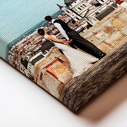 Canvas print showcasing a wedding moment with a scenic backdrop