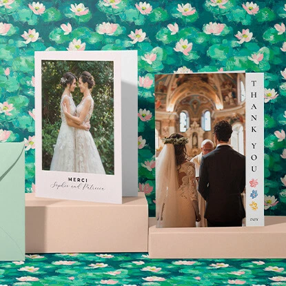 Wedding thank you cards with couple photos and customisable options