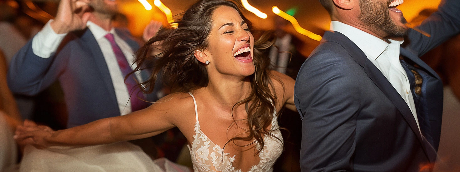 A joyful bride in a lace wedding dress dancing at her wedding reception, surrounded by vibrant guests, perfect for a photo save the date design.