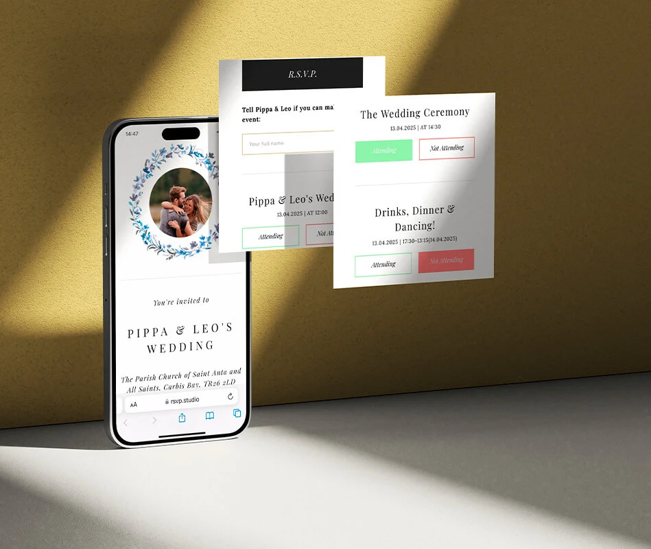 Wedding RSVP service displayed on a smartphone with detailed options