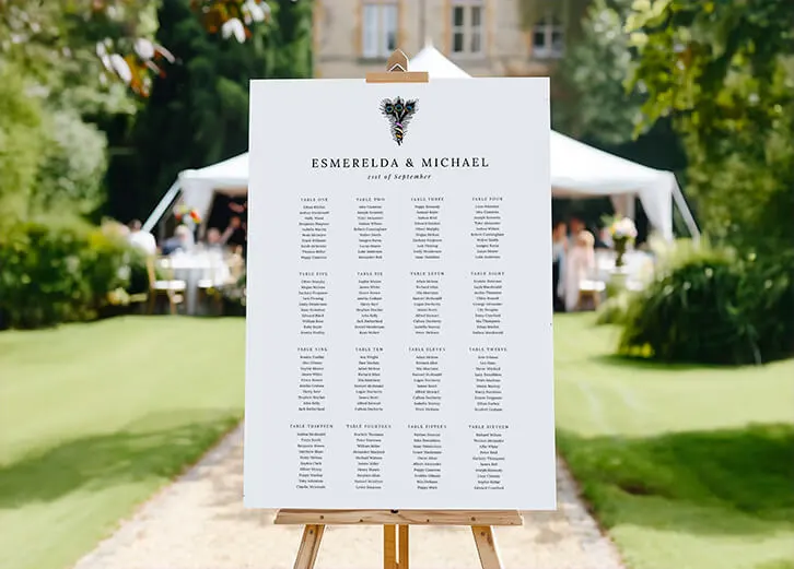 Outdoor wedding reception with a table plan display, elegant botanical details, and natural surroundings