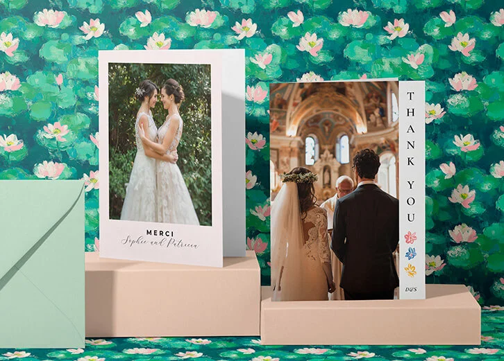 Elegant wedding thank-you cards with customisable photo and text layouts