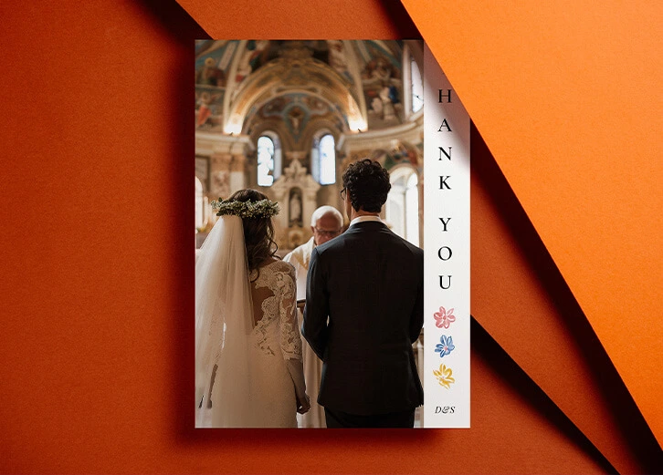 Wedding thank you cards with modern photo layouts, featuring a joyful bride and groom and scenic black-and-white designs