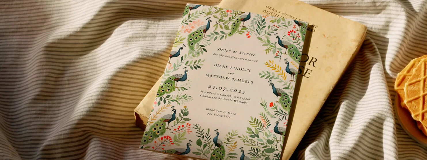 Charming wedding order of service booklet with intricate peacock and floral motifs