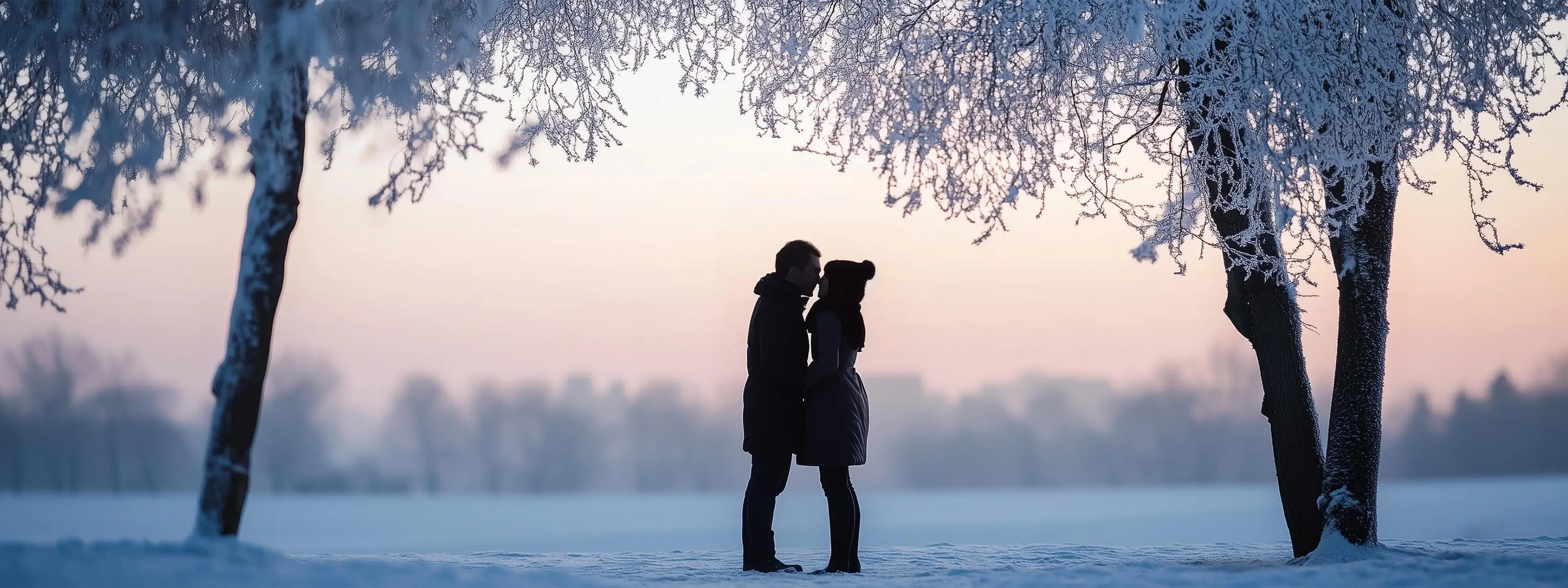 Romantic winter scene of a couple under frosted trees at sunset, symbolising seasonal elegance for engagement stationery and wedding planning.