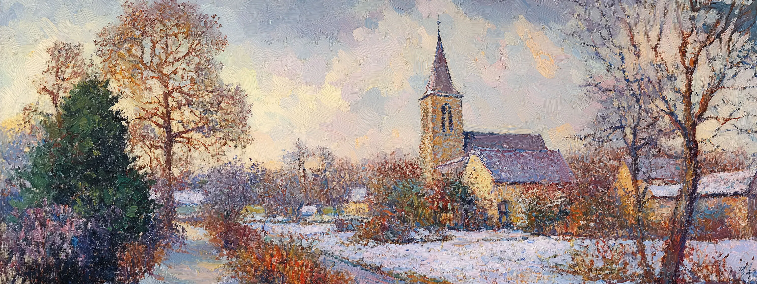 Winter funeral stationery banner image featuring a snowy countryside church scene, symbolising elegance and serenity for seasonal funeral announcements, orders of service, and thank you cards