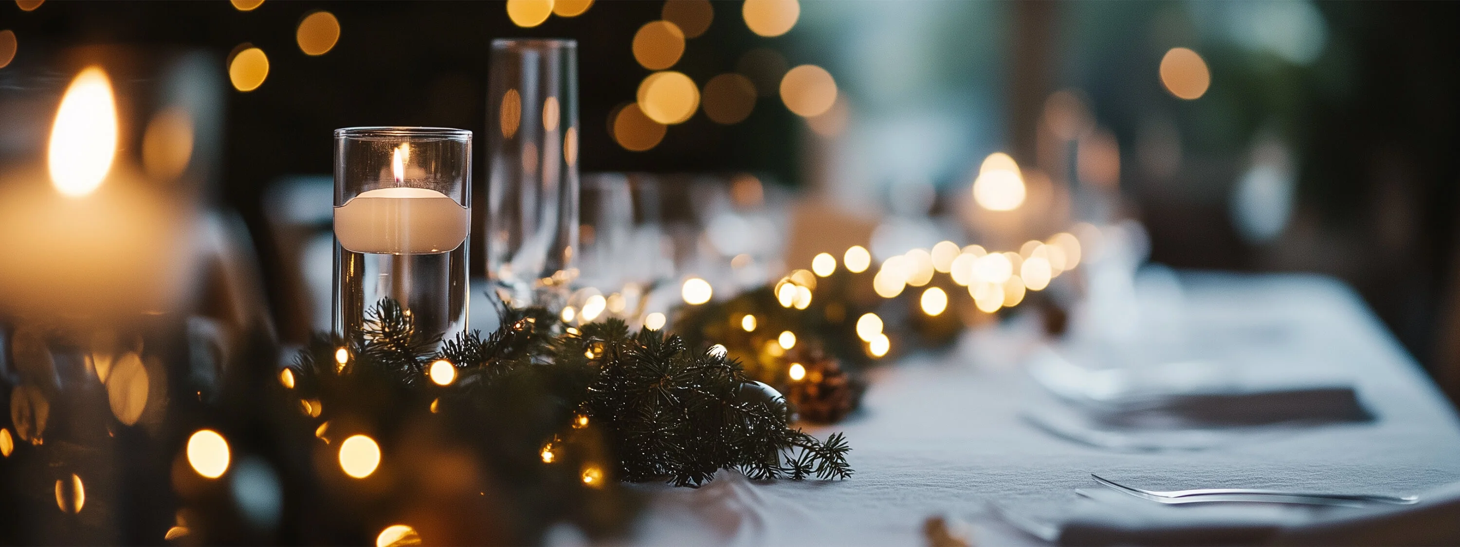 Elegant winter table setting with glowing candles and festive garlands, reflecting seasonal charm for wedding day stationery like menus, place cards, and table plans.