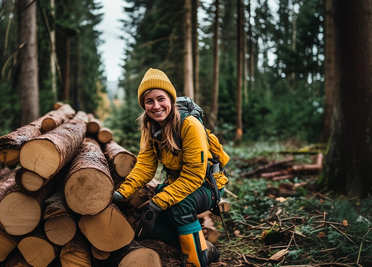 Smiling woman in a yellow jacket with stacked logs in a forest, representing eco-conscious forestry practices