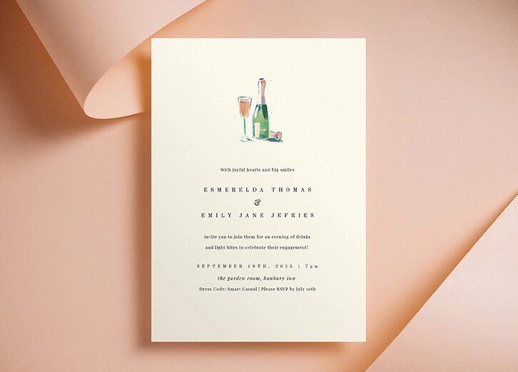 Elegant engagement party invitation featuring champagne illustration on pastel background