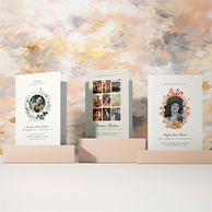Range of personalised funeral Order of Service booklets with photo tributes and floral designs, printed by Utterly Printable.