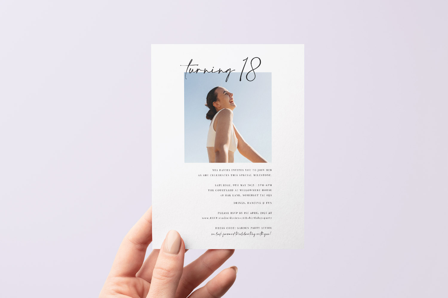 18th birthday party invitations with minimalist design, featuring a photo of a young woman and elegant black script text.