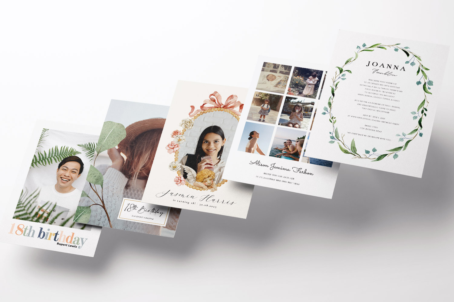 18th birthday party invitations in assorted designs, featuring photos, floral illustrations, and elegant modern typography