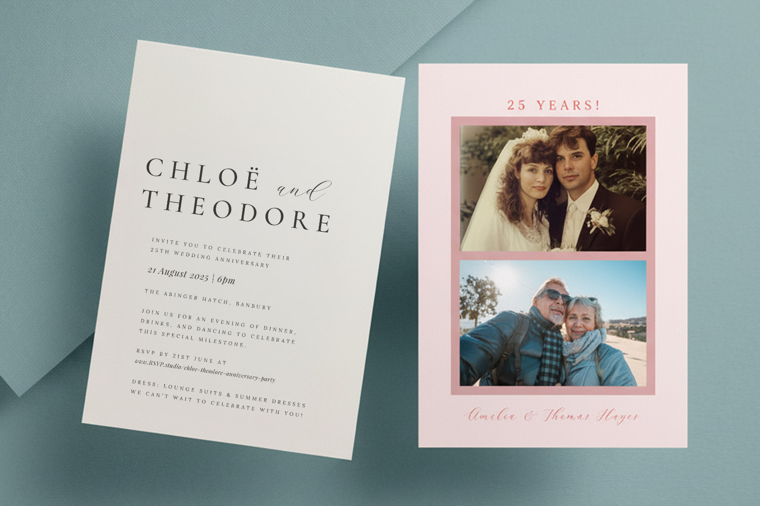 25th wedding anniversary invitations featuring elegant typography and a photo collage design with wedding and recent couple