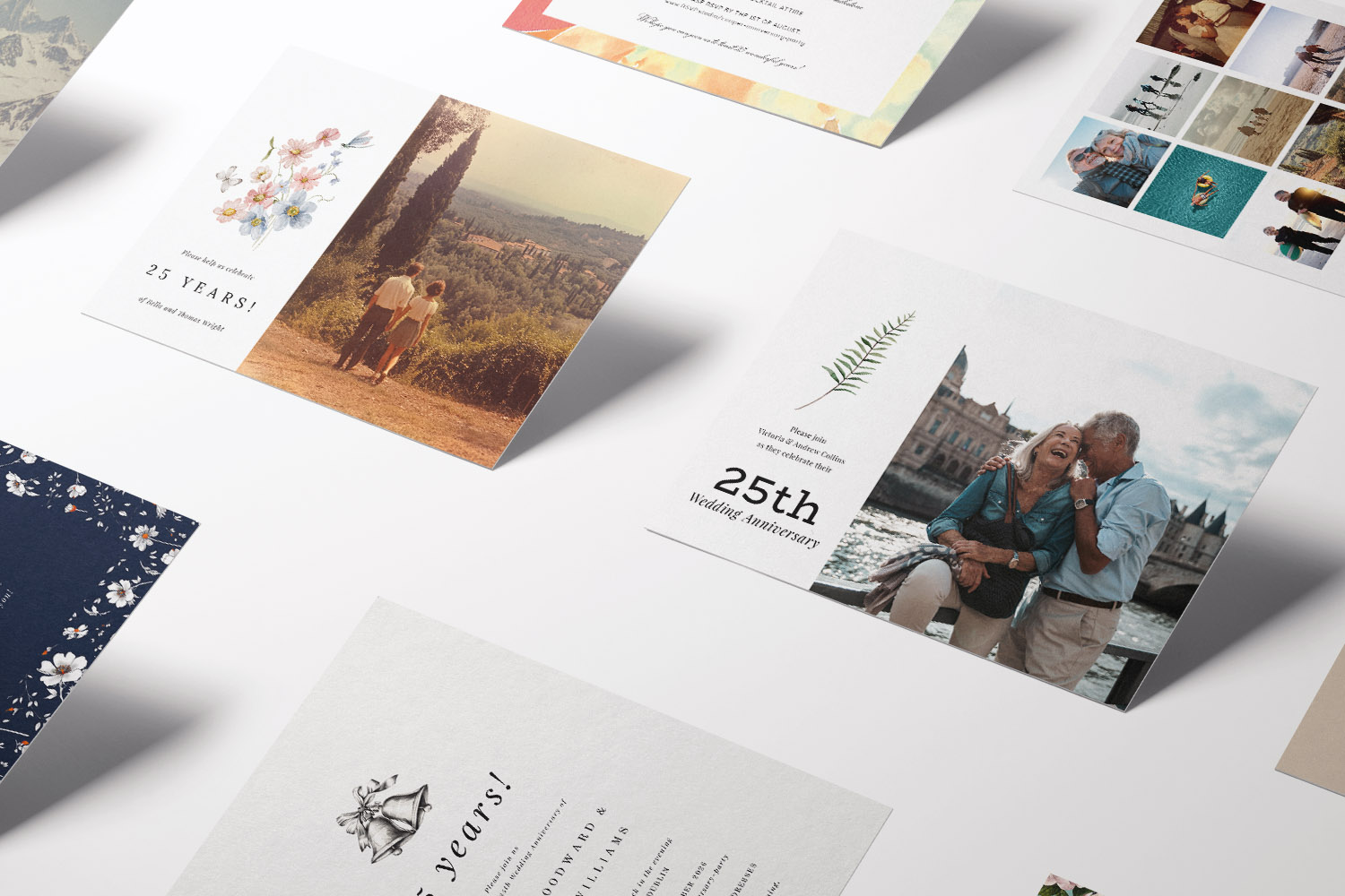 25th wedding anniversary invitations with floral, photo, and elegant designs displayed on a white background in a flat-lay