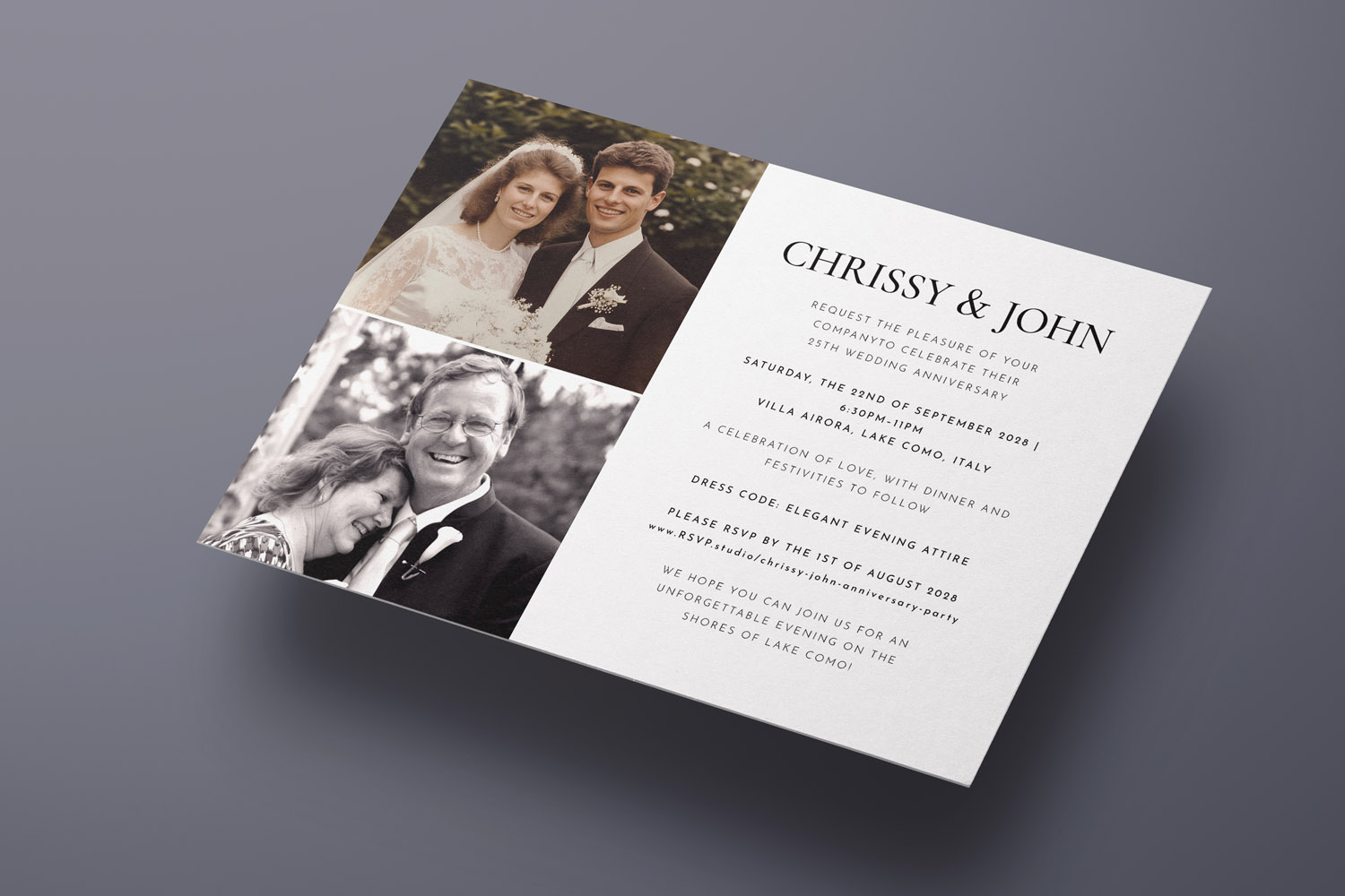 25th wedding anniversary invitations featuring two personal photos and elegant black text on a white card with modern layout.