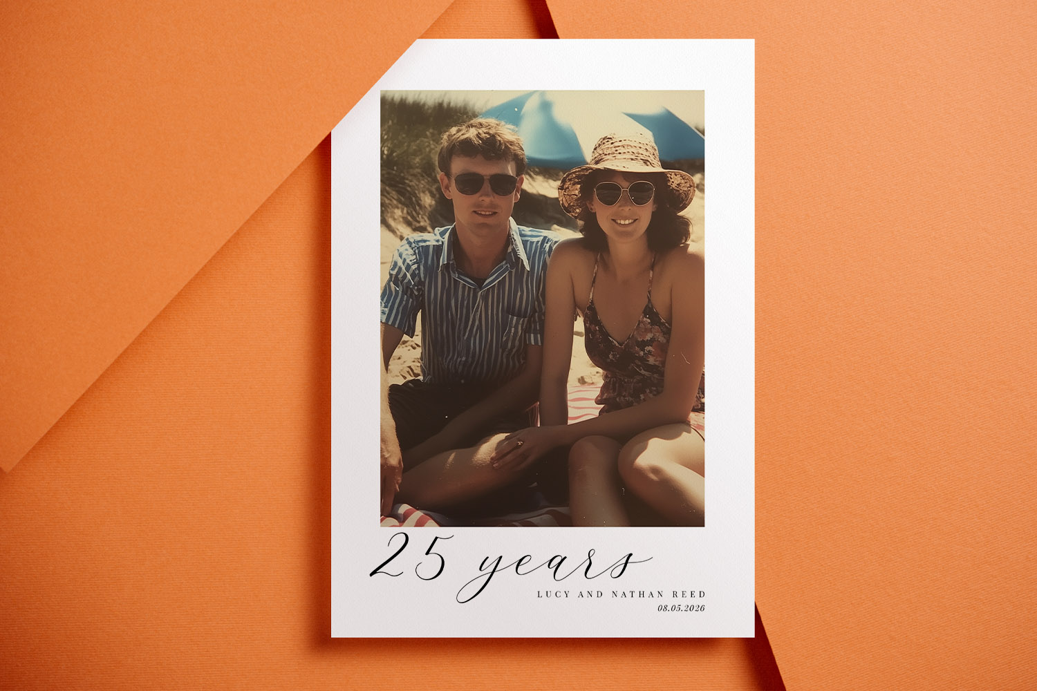 25th wedding anniversary invitations featuring a personalised photo card with elegant script text and couple’s names on