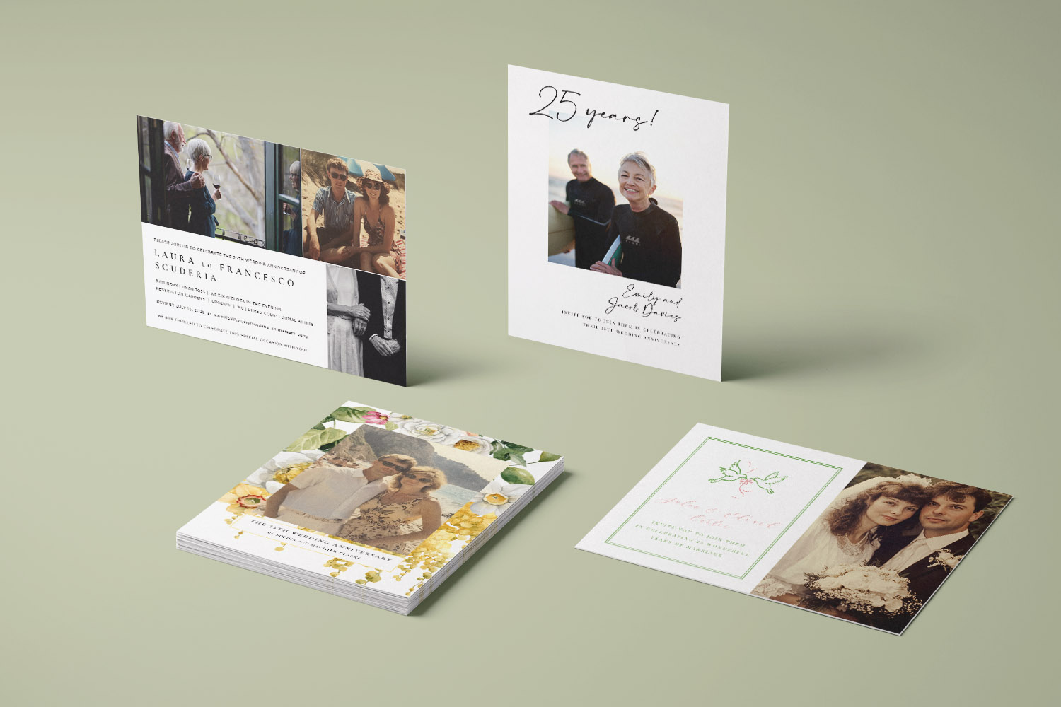 25th wedding anniversary invitations in assorted designs, featuring personal photos, floral patterns, and elegant typography.