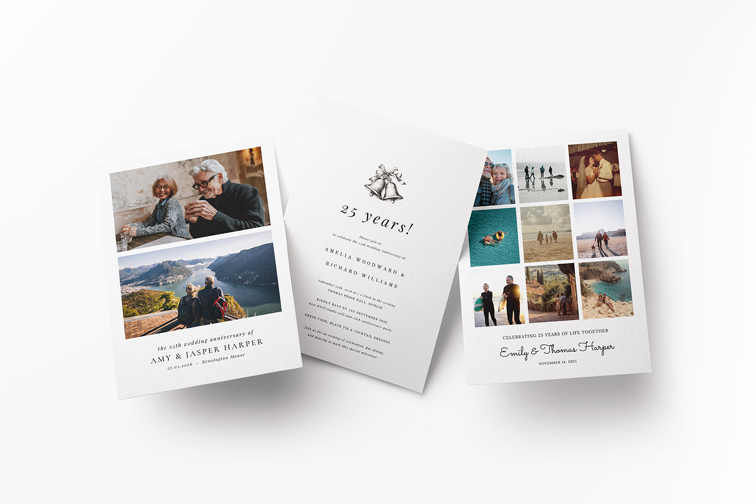 25th wedding anniversary invitations featuring elegant designs with personal photos and classic black and white text layouts.