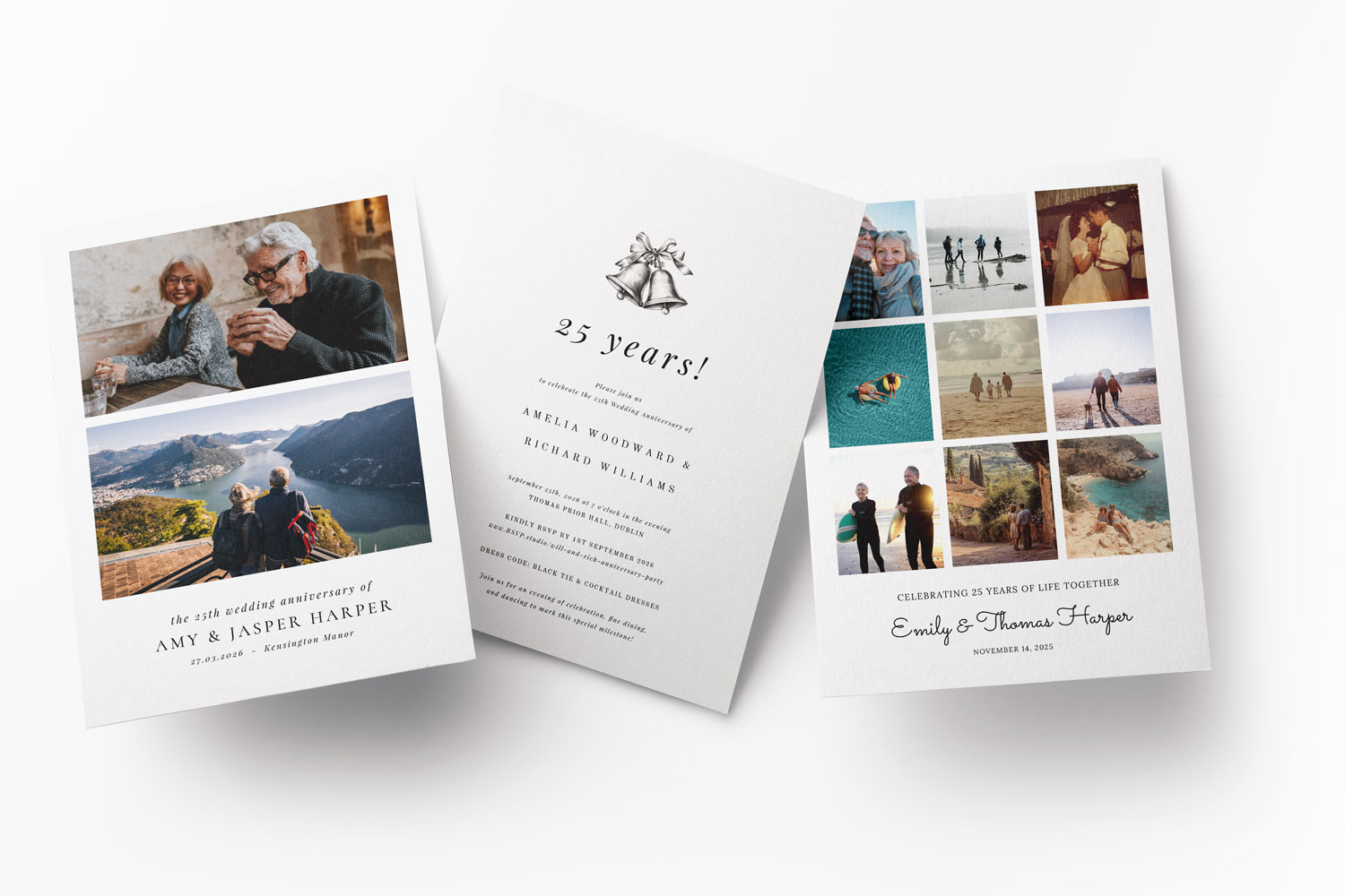 25th wedding anniversary invitations featuring elegant designs with personal photos, classic typography, and silver