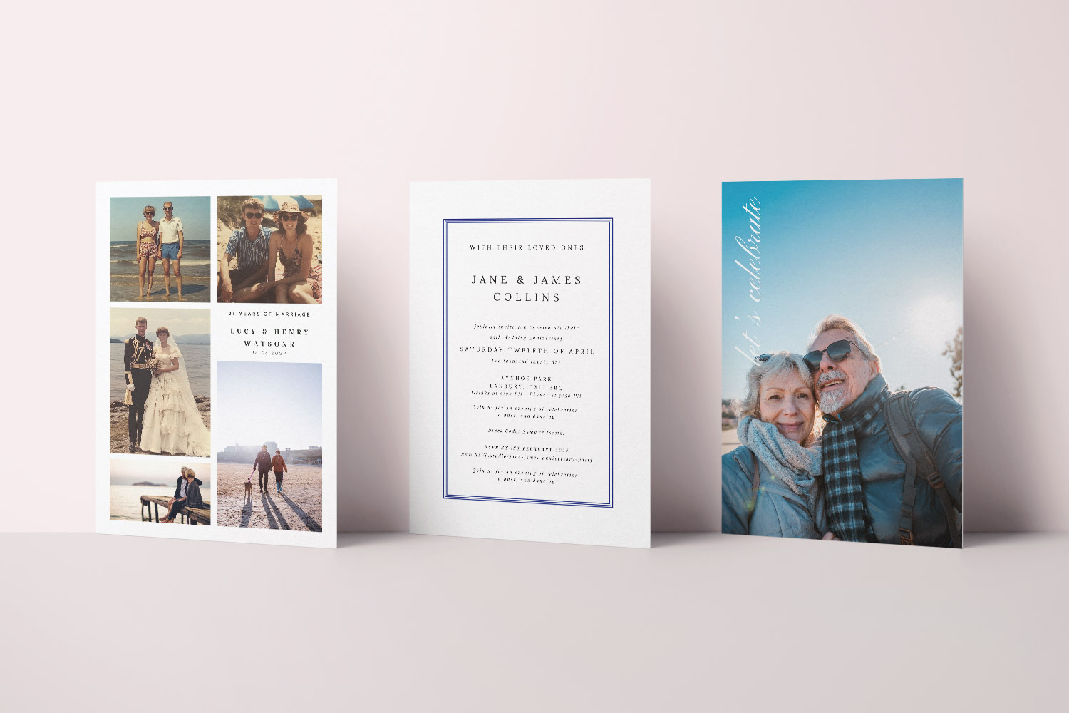 25th wedding anniversary invitations featuring photo collage, classic text design, and a modern full-photo style on a light